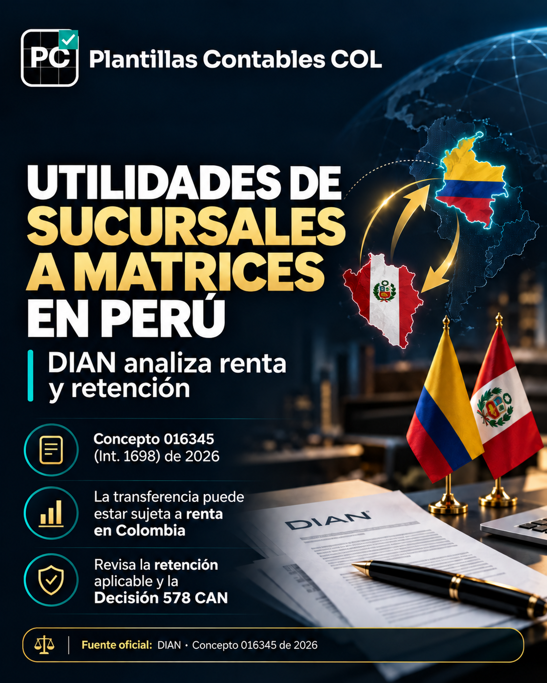 DIAN aclara renta y retención sobre utilidades transferidas por sucursales colombianas a su matriz en Perú