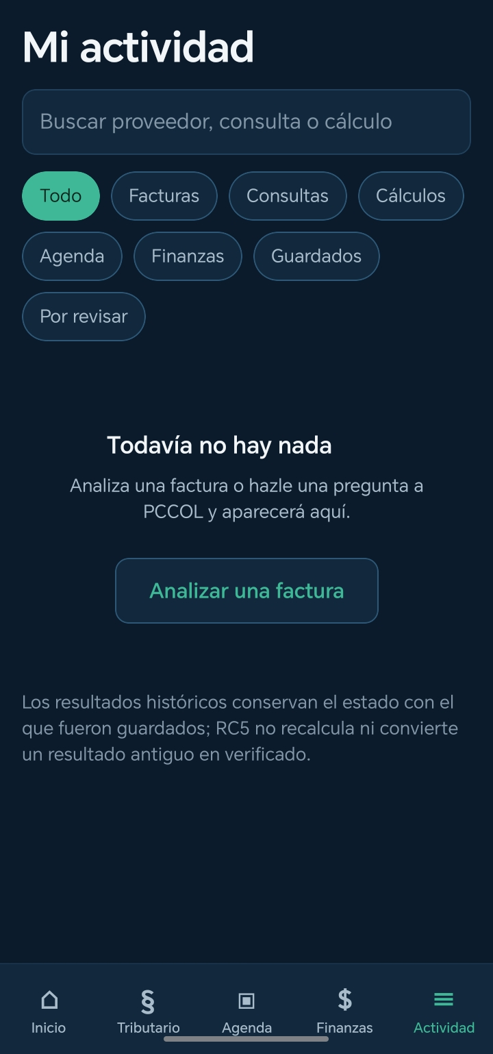 Historial de actividad de PCCOL App