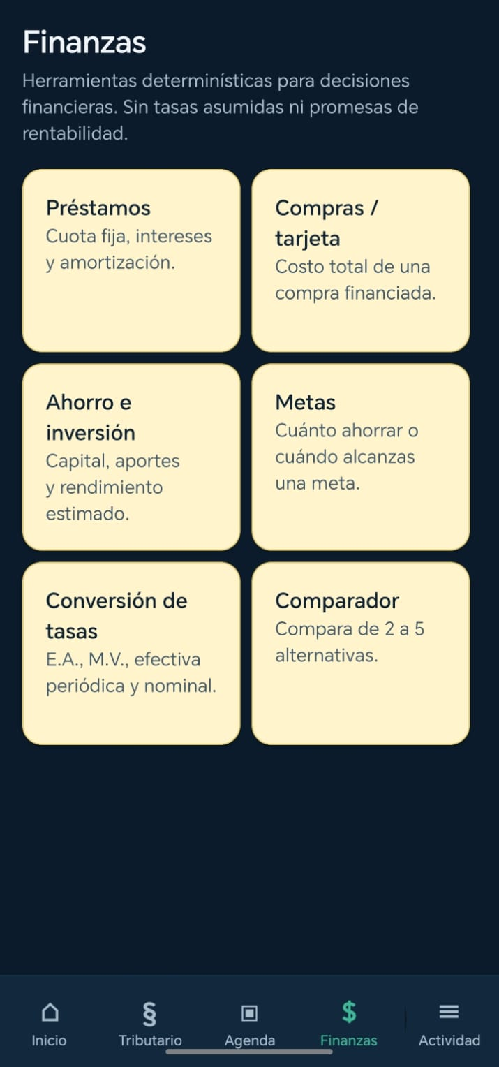 Herramientas financieras de PCCOL App