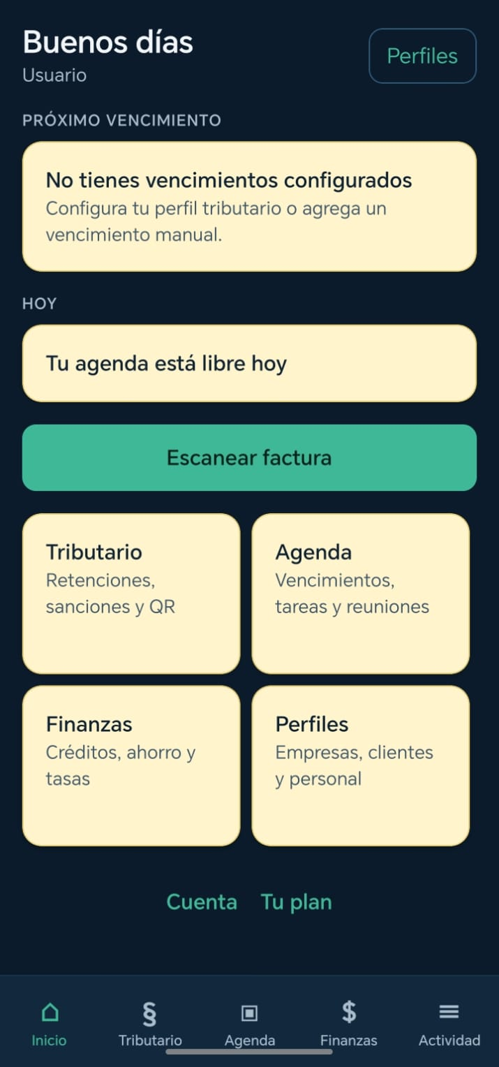 Inicio de PCCOL App con vencimientos, agenda y accesos rápidos