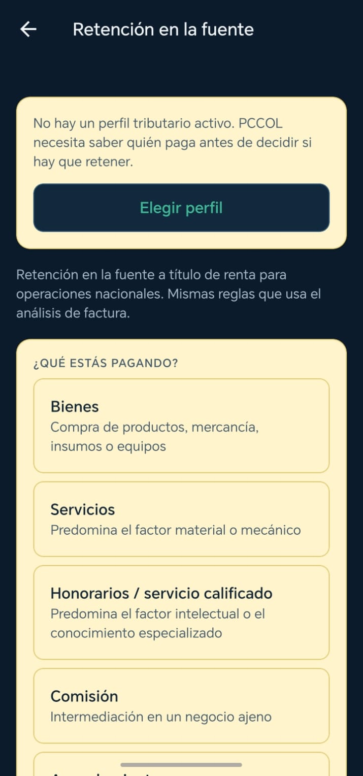 Herramienta de retención en la fuente de PCCOL App