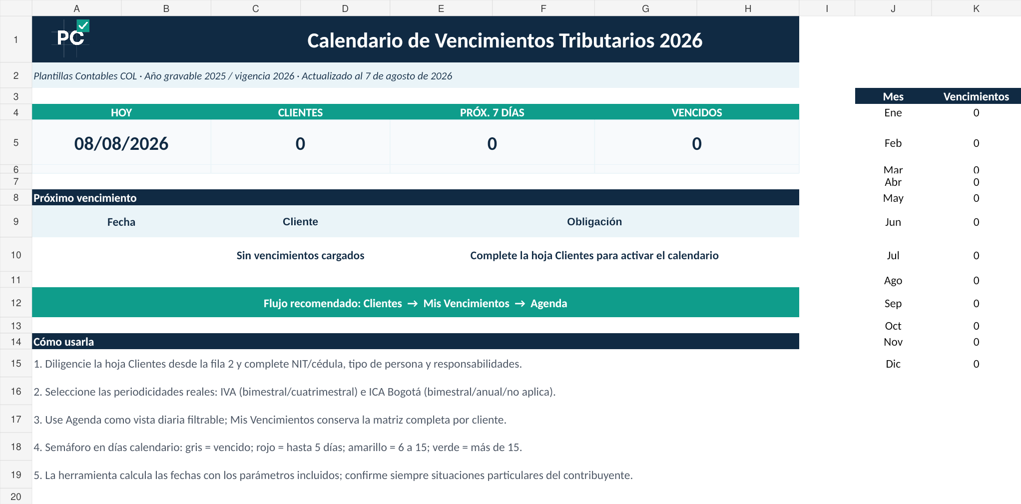 Vista previa real del Excel Calendario de Vencimientos Tributarios 2026