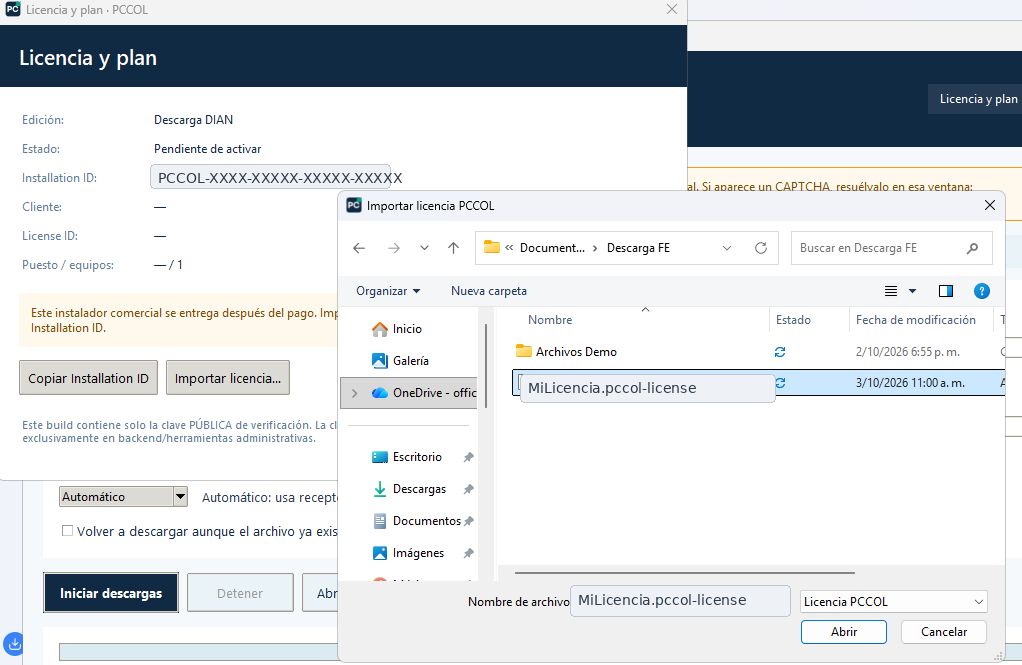 Ventana de PCCOL para importar un archivo de licencia