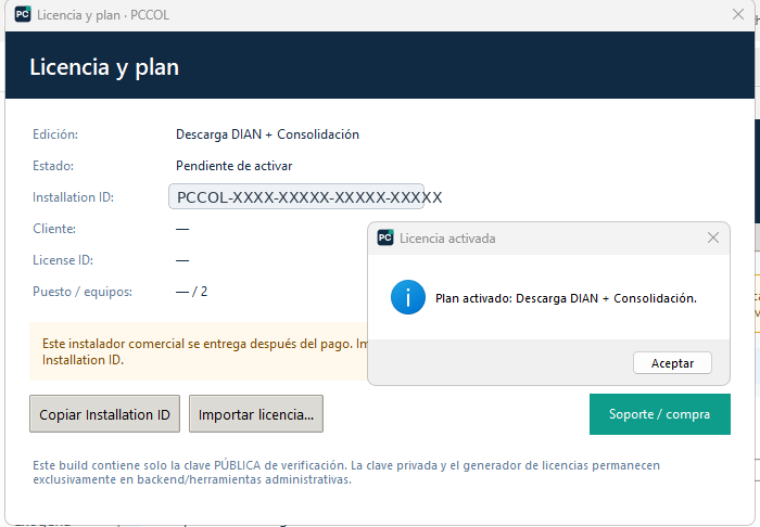 Mensaje de licencia PCCOL activada correctamente